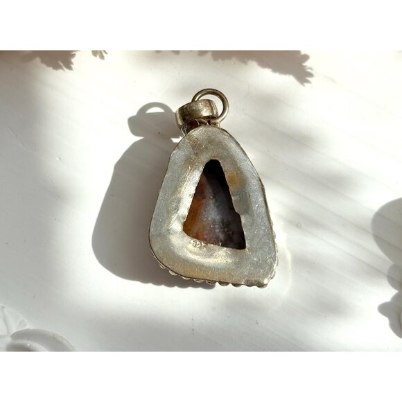 Botswana Agate Triangular Sterling Silver 925 Bead Framed Vintage Pendant - Picture 5 of 10